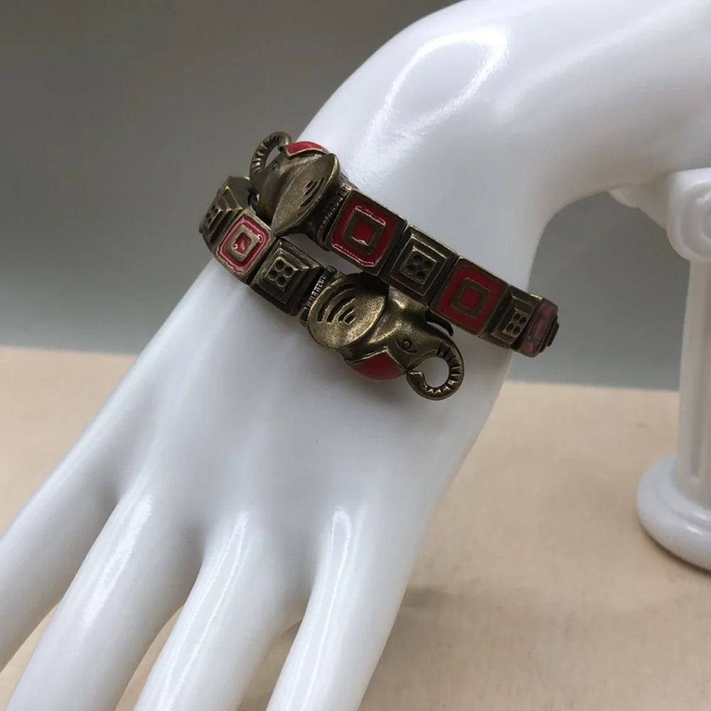 Vintage elephant memory coil brass and enamel bracelet small wrist 6.5